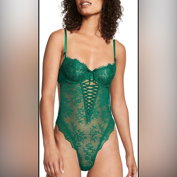 NEW Victoria's Secret Lace Up Unlined Wicked Green Teddy  Bodysuit Lingerie M - Picture 4 of 16